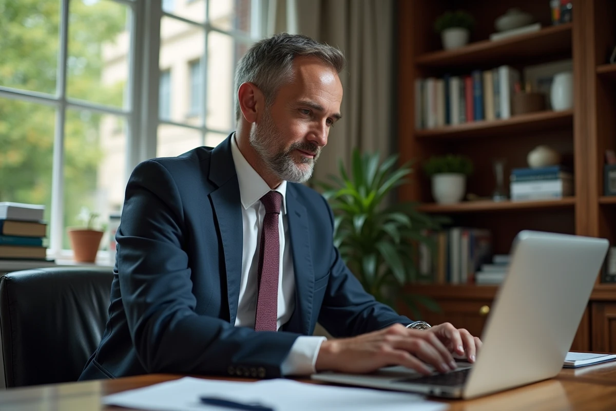 Homme d'affaires en costume regardant un site immobilier sur son ordinateur