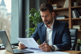 Homme d'affaires en costume noir examinant des documents
