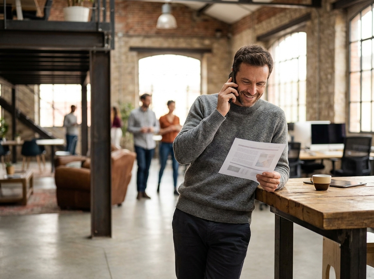 Homme d'affaires debout à un bureau partagé dans un espace de coworking de style loft à Lyon, téléphone à la main