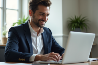 Homme souriant travaillant sur un ordinateur dans un bureau moderne