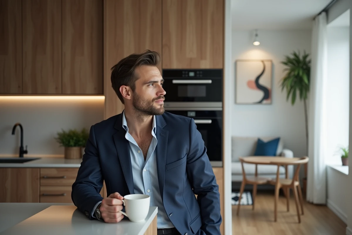 Homme en costume dans une cuisine ouverte et décorée