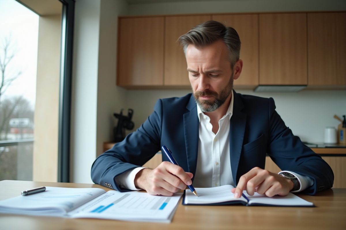 Homme d'âge moyen calculant avec ses documents d'assurance habitation