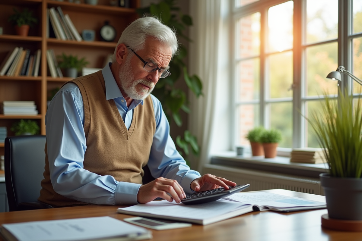 Homme utilisant une calculatrice dans un bureau lumineux