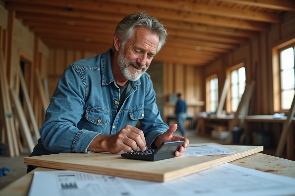 Homme d'âge moyen utilisant une calculatrice numérique sur un chantier intérieur