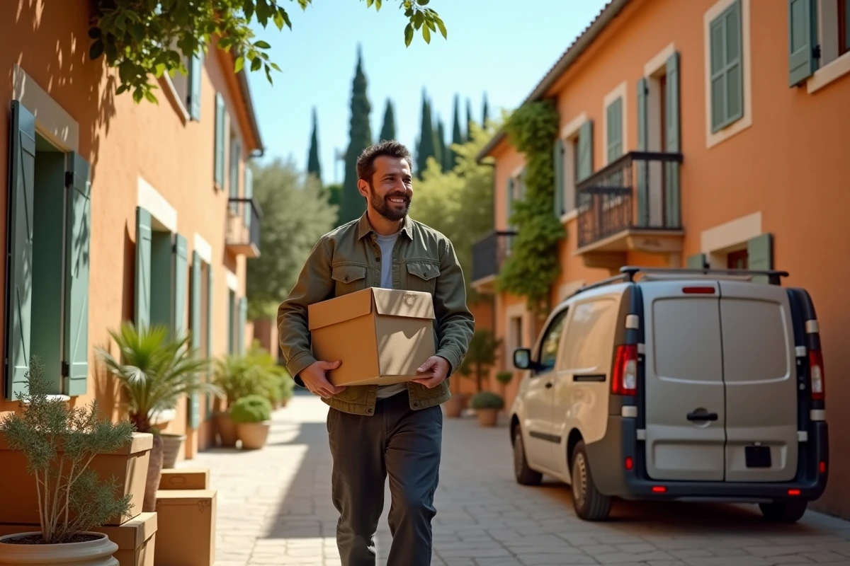 Homme déchargeant un camion de déménagement dans une rue typique d'un village provençal ensoleillé