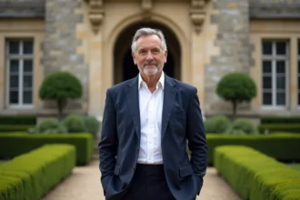 Homme en blazer devant le Château de Groussay