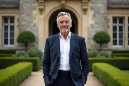 Homme en blazer devant le Château de Groussay