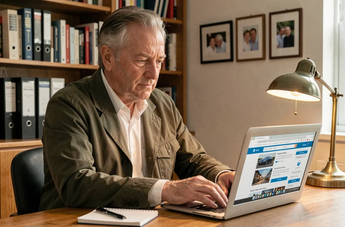 Homme mature comparant des offres d'assurance habitation sur un ordinateur portable dans son bureau à domicile