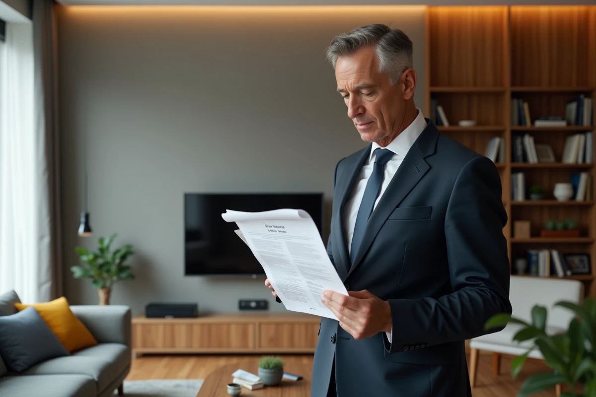Homme d'affaires étudiant un contrat d'assurance incendie dans son salon