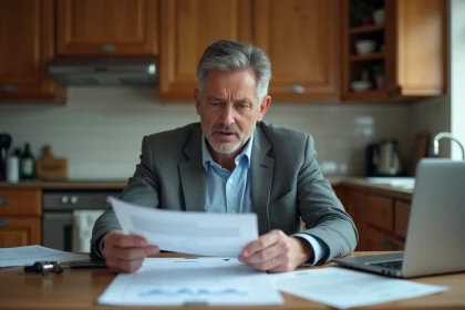Homme d'âge moyen examinant des documents dans une cuisine