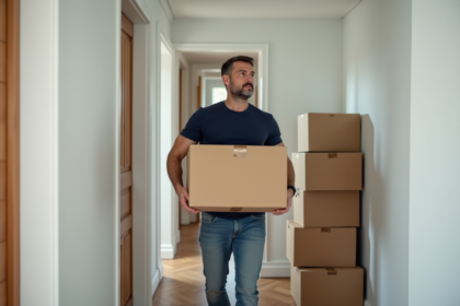 Homme en jeans déplaçant une caisse dans un appartement