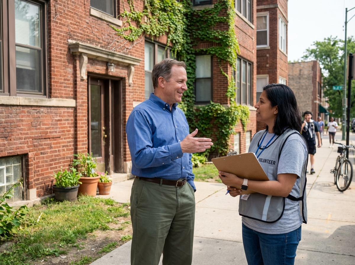 Homme discutant avec un bénévole devant un immeuble urbain