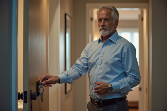 Homme d'âge moyen devant un appartement moderne avec clés