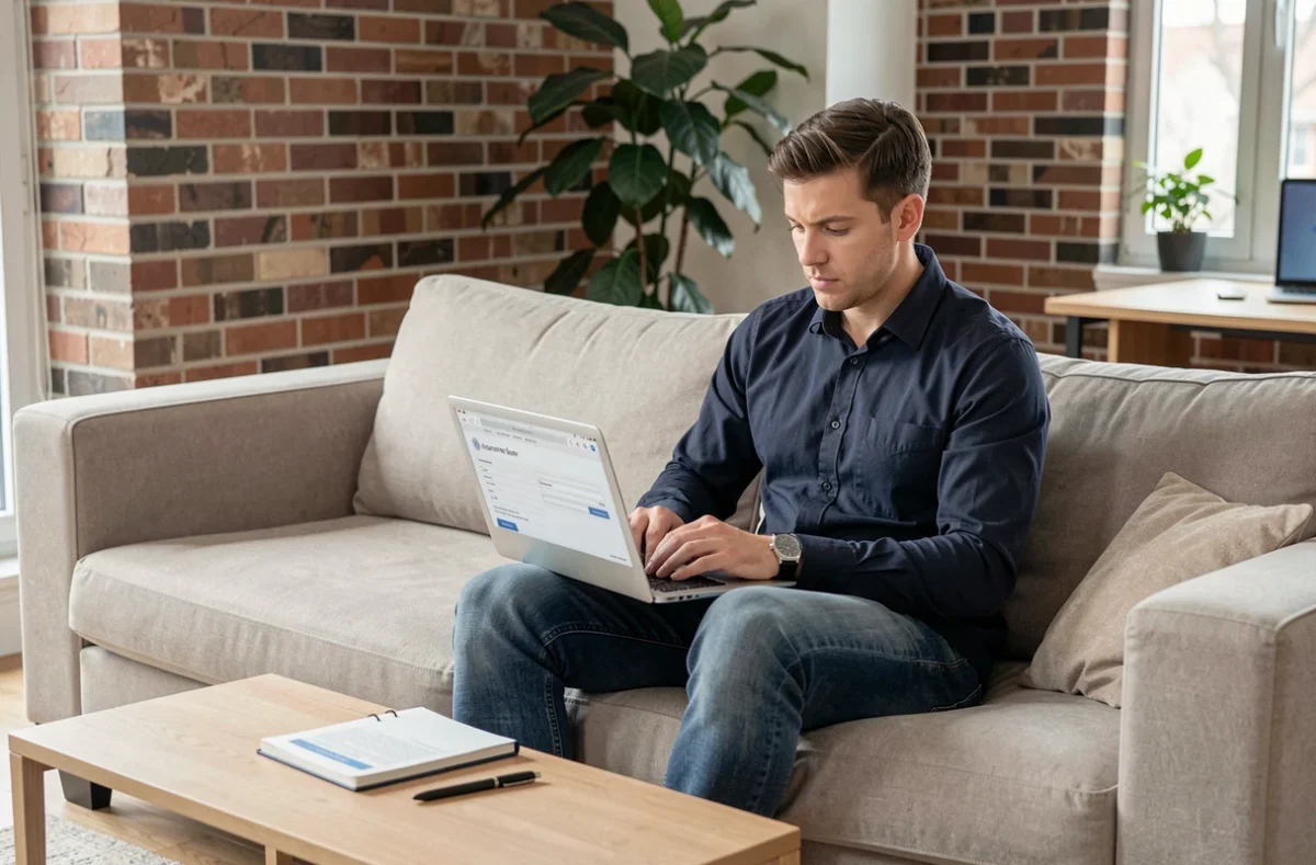 Homme remplissant un formulaire de devis d'assurance location en ligne sur son ordinateur portable