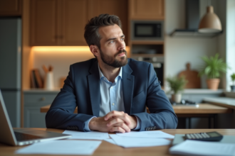 Homme en costume concentré sur ses documents de prêt immobilier