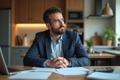 Homme en costume concentré sur ses documents de prêt immobilier