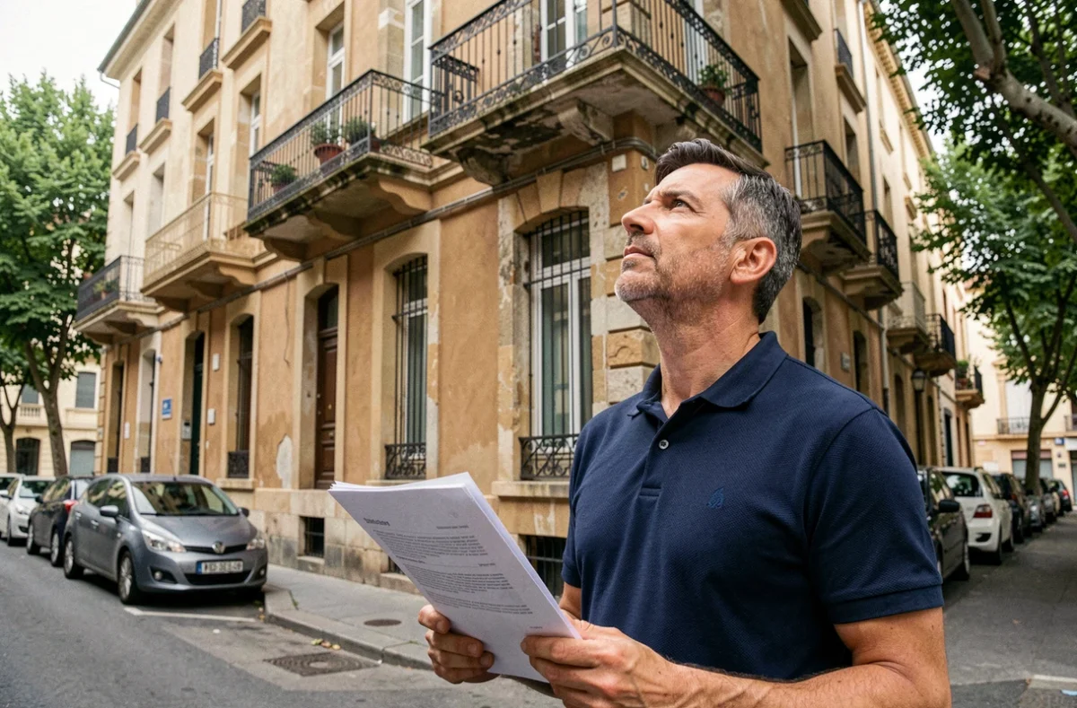 Homme devant un immeuble résidentiel à Valence avec des documents d'assurance habitation