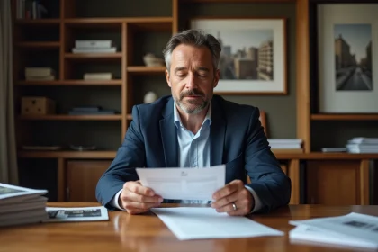 Homme d'âge moyen en bureau immobilier avec documents