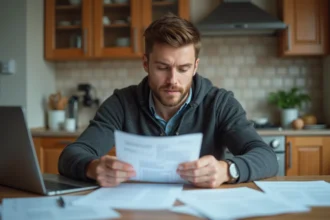 Homme lisant des papiers de location dans une cuisine