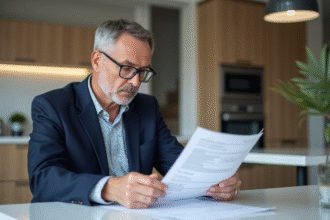 Homme d'âge moyen lisant des documents de prêt dans une cuisine moderne