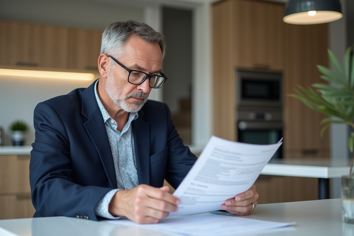 Homme d'âge moyen lisant des documents de prêt dans une cuisine moderne