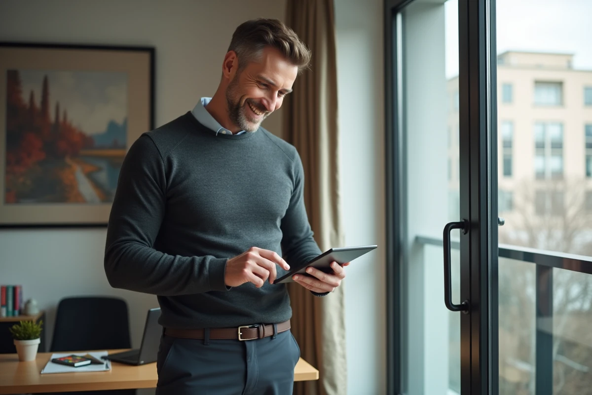 Homme d affaires souriant avec une tablette dans un bureau lumineux