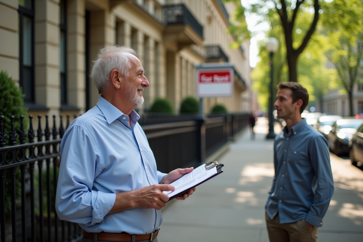Homme discutant avec un locataire devant un immeuble
