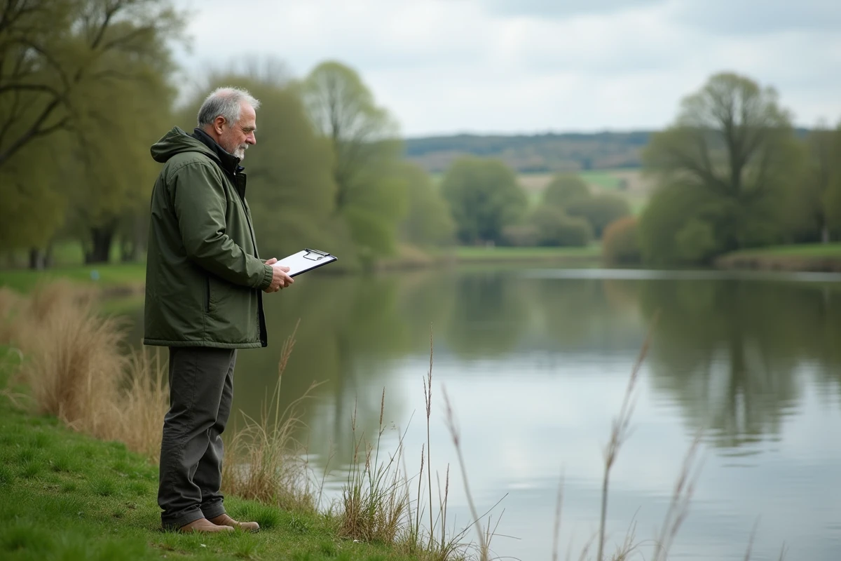Homme d'âge moyen examine un étang paisible