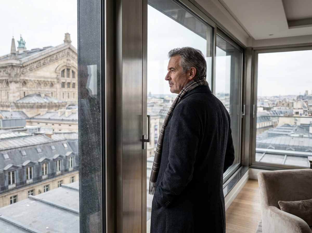 Homme regardant la skyline parisienne depuis un penthouse