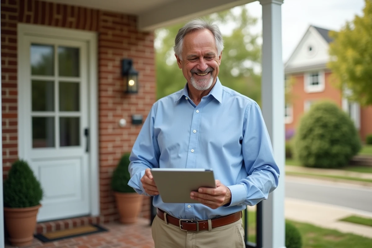 Homme souriant vérifiant une estimation immobilière à la porte