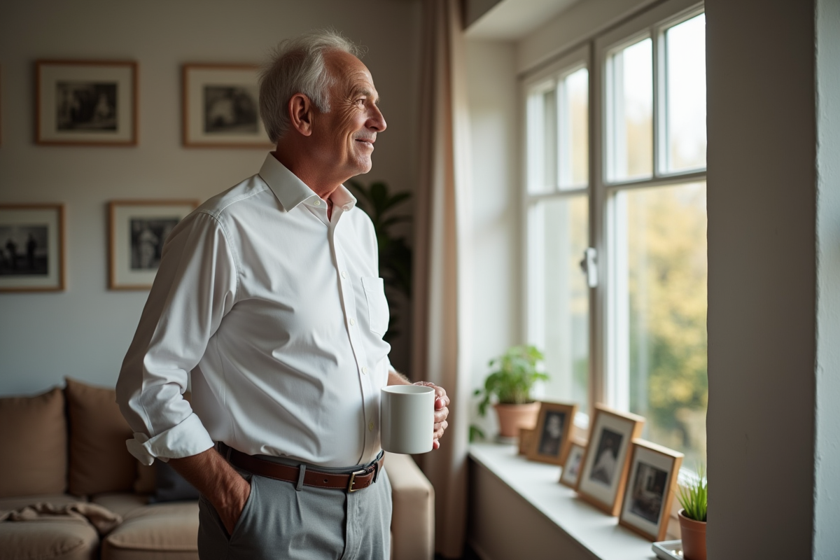 Homme regardant par la fenêtre dans un salon chaleureux