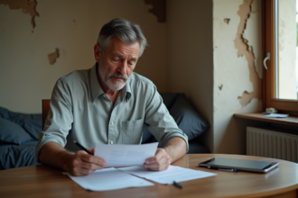 Homme d'âge moyen examinant des documents de location dans un appartement endommagé