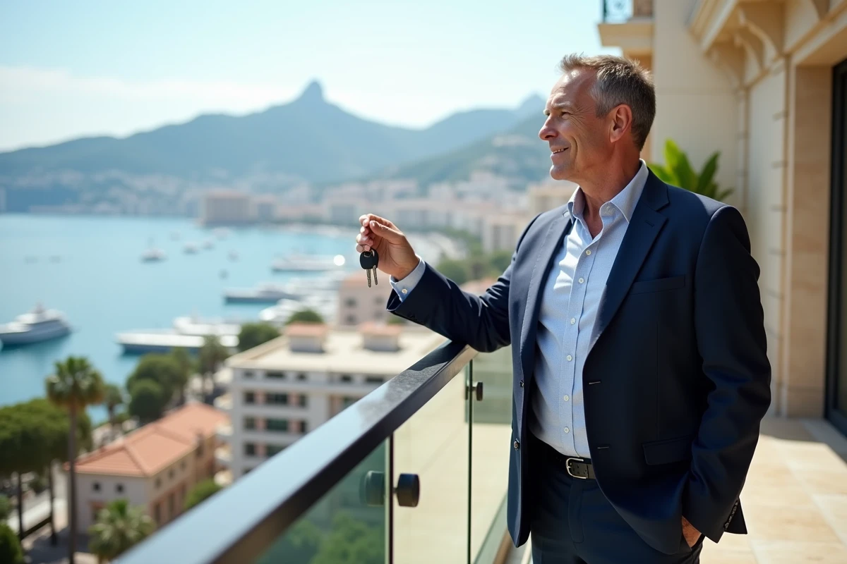 Homme en costume bleu à Monte Carlo regardant la ville