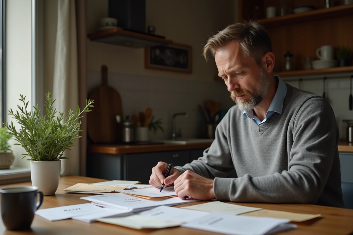 Homme organise ses papiers dans une cuisine chaleureuse