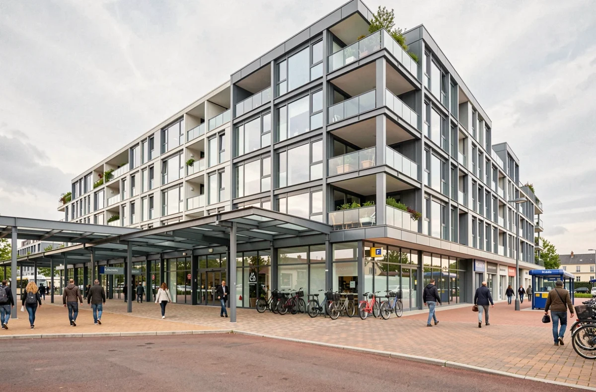 Programme mixte Icade dans les Yvelines associant logements et commerces près d'une gare