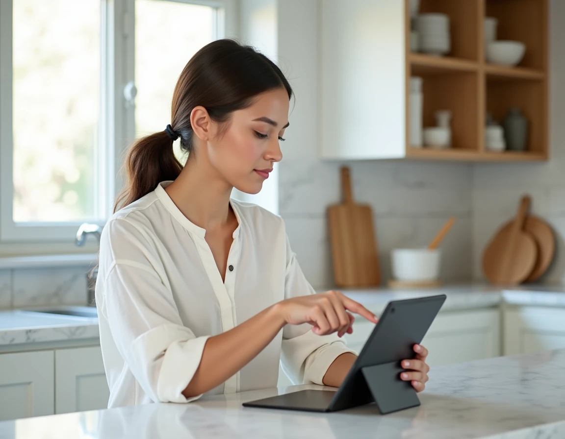Femme consultant un tutoriel d'inscription sur tablette dans une cuisine moderne et lumineuse