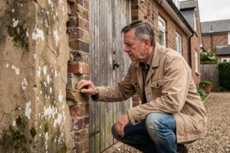 Homme examinant les défauts structurels d'un garage ancien dans une maison mitoyenne avant travaux de rénovation
