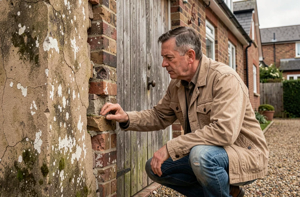 Homme examinant les défauts structurels d'un garage ancien dans une maison mitoyenne avant travaux de rénovation