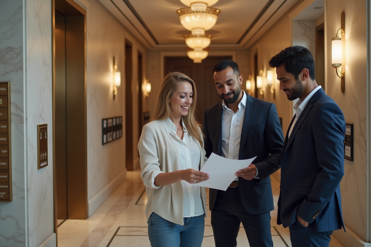 Trois propriétaires examinant un rapport dans un hall d