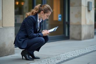 Inspectrice vérifiant le passage tactile à l'entrée d'un bâtiment public