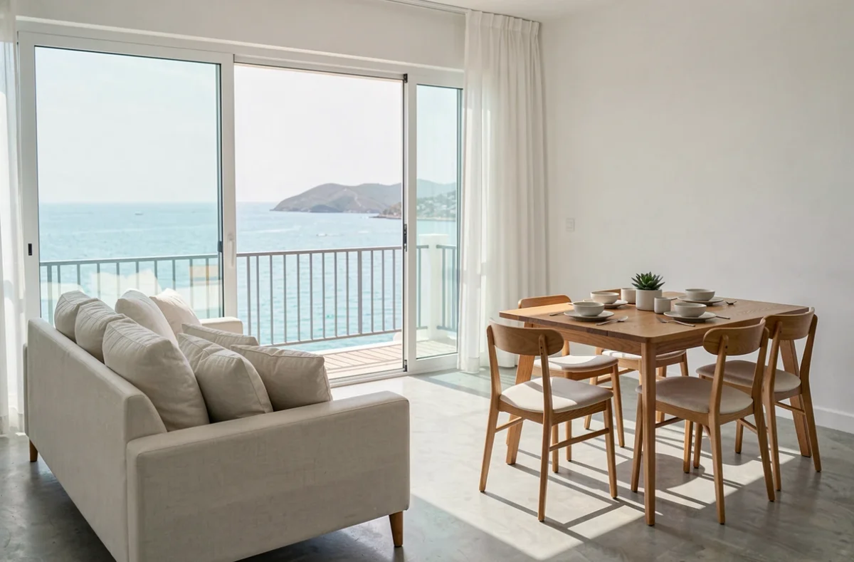 Intérieur d'un appartement vue mer rénové avec balcon ouvert sur la mer, idéal pour la location saisonnière