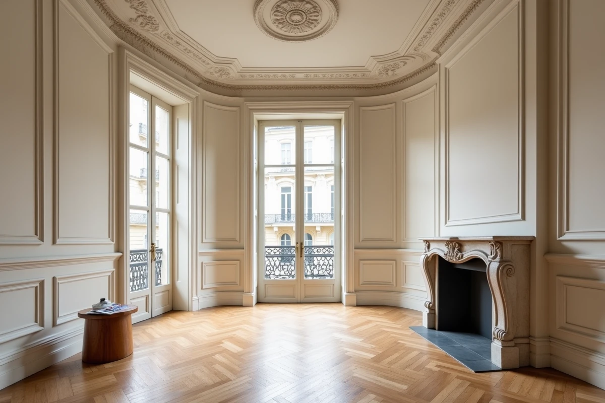 Intérieur vide d'un appartement haussmannien à vendre avec parquet en point de Hongrie, moulures et cheminée en marbre typiques du style parisien