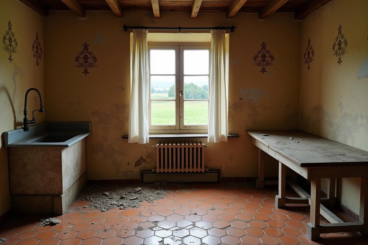 Intérieur authentique d'une cuisine de ferme abandonnée en zone rurale avec carrelage ancien et vue sur la campagne