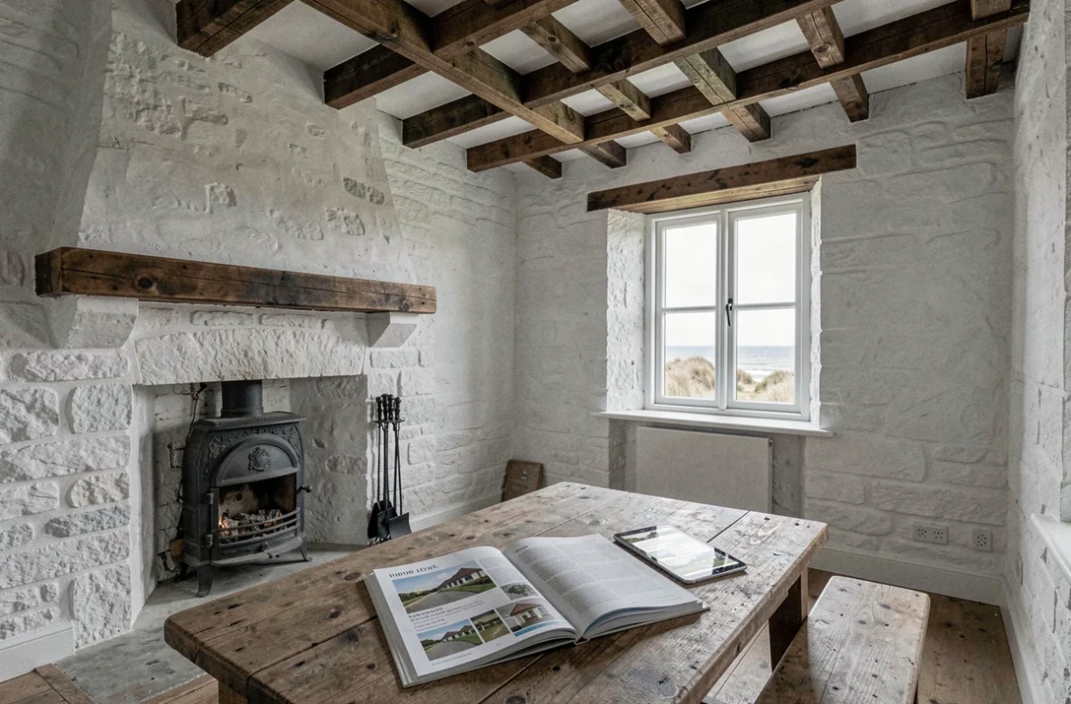 Intérieur d'une maison normande à rénover avec vue sur la côte et documents immobiliers