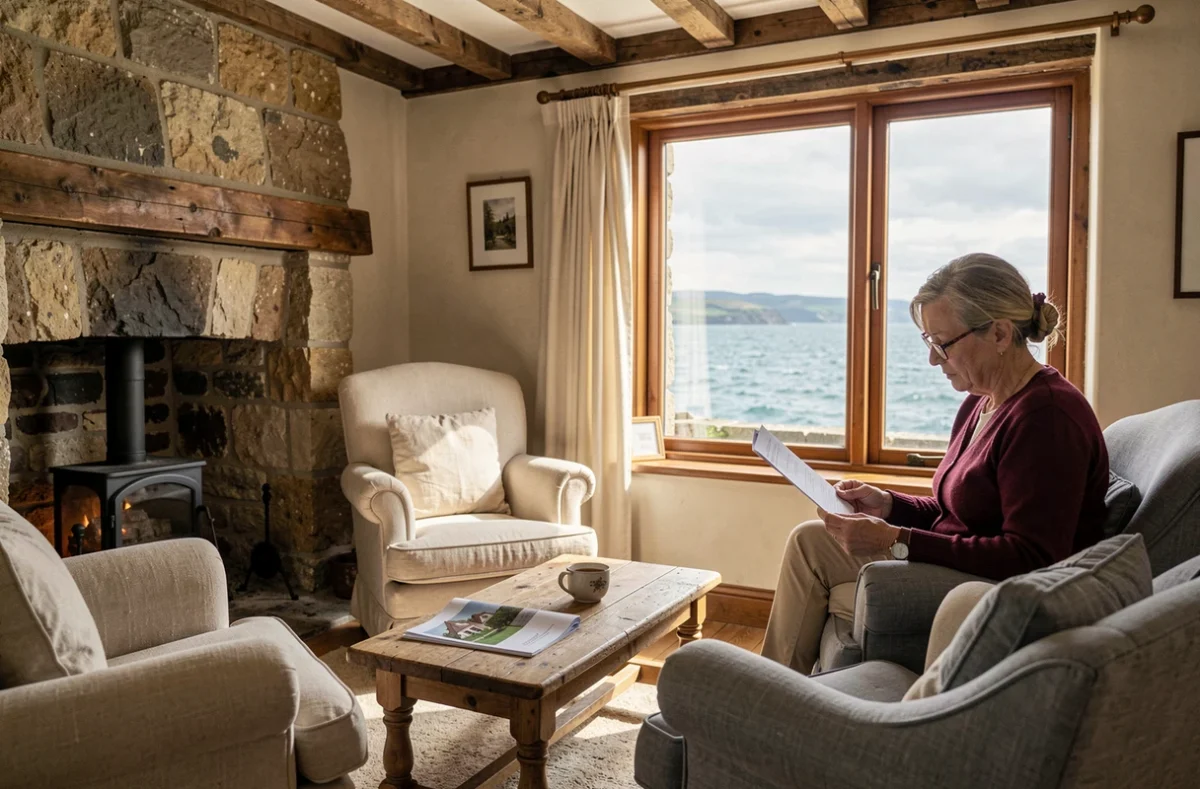 Intérieur d'une maison normande en bord de mer avec vue sur la Manche et ambiance chaleureuse pour la retraite