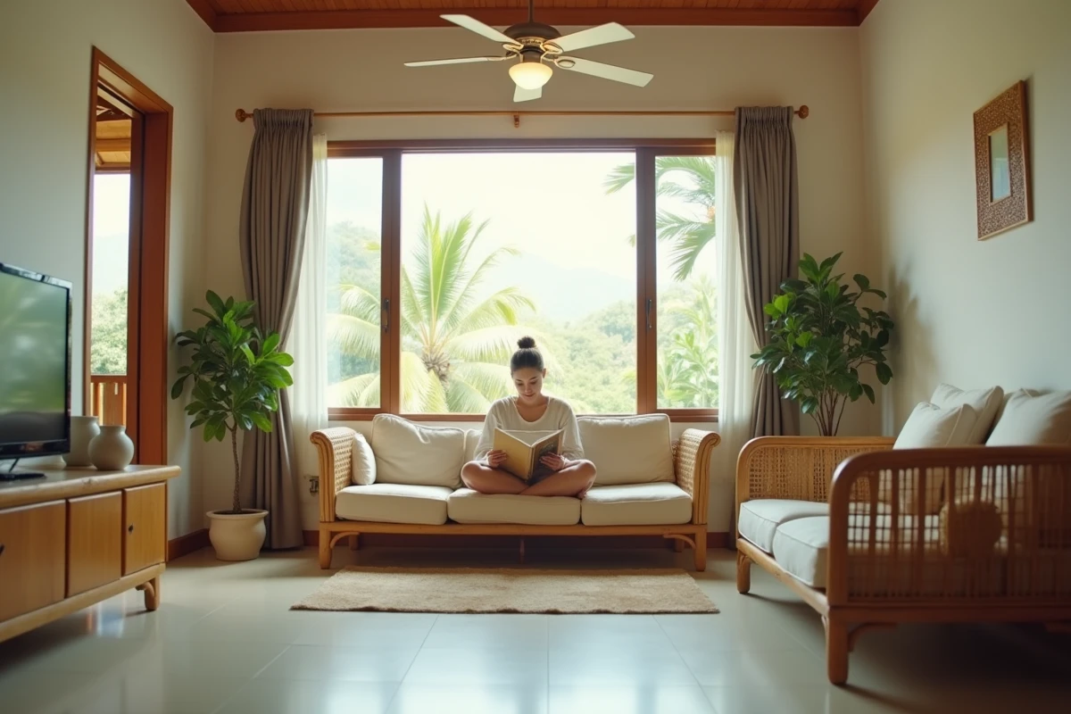 Femme expatriée lisant dans le salon simple et lumineux d'une maison thaïlandaise louée à petit prix