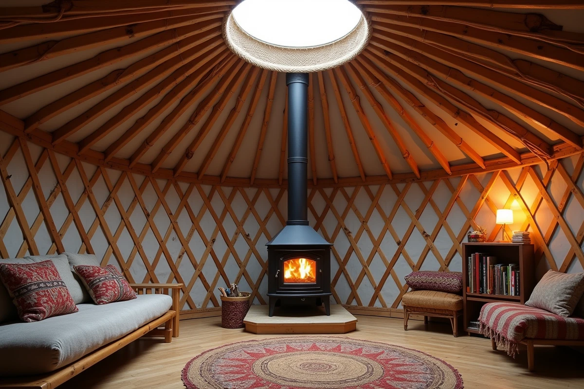 Intérieur chaleureux d'une yourte aménagée pour vivre à l'année avec poêle à bois et décorations artisanales