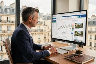 Investisseur immobilier expérimenté analysant des données foncières sur un écran d'ordinateur dans un bureau élégant avec vue sur Paris