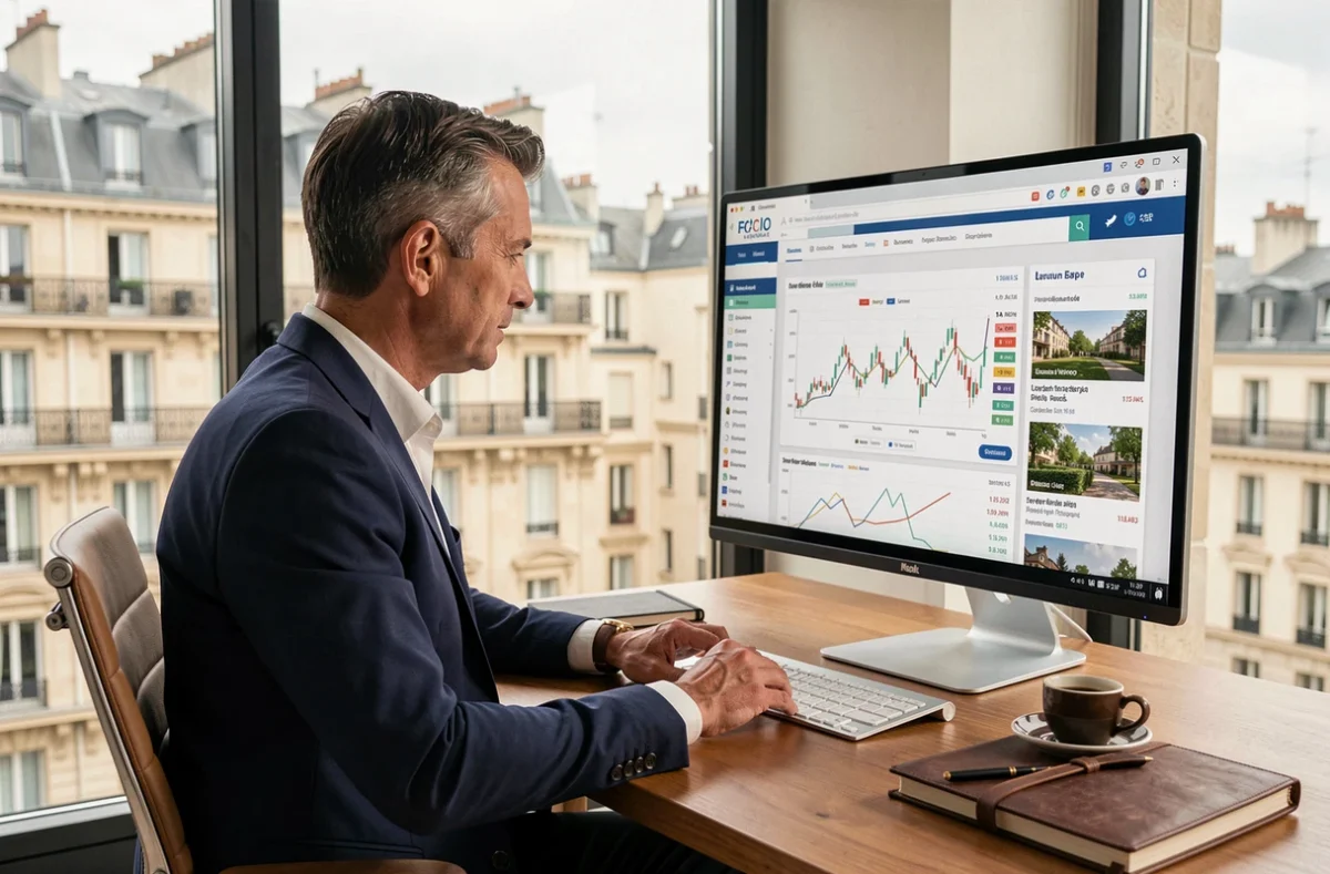 Investisseur immobilier expérimenté analysant des données foncières sur un écran d'ordinateur dans un bureau élégant avec vue sur Paris