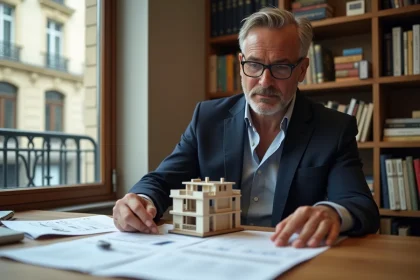 Investisseur immobilier analysant des documents financiers et une maquette d'immeuble de rapport dans un bureau moderne